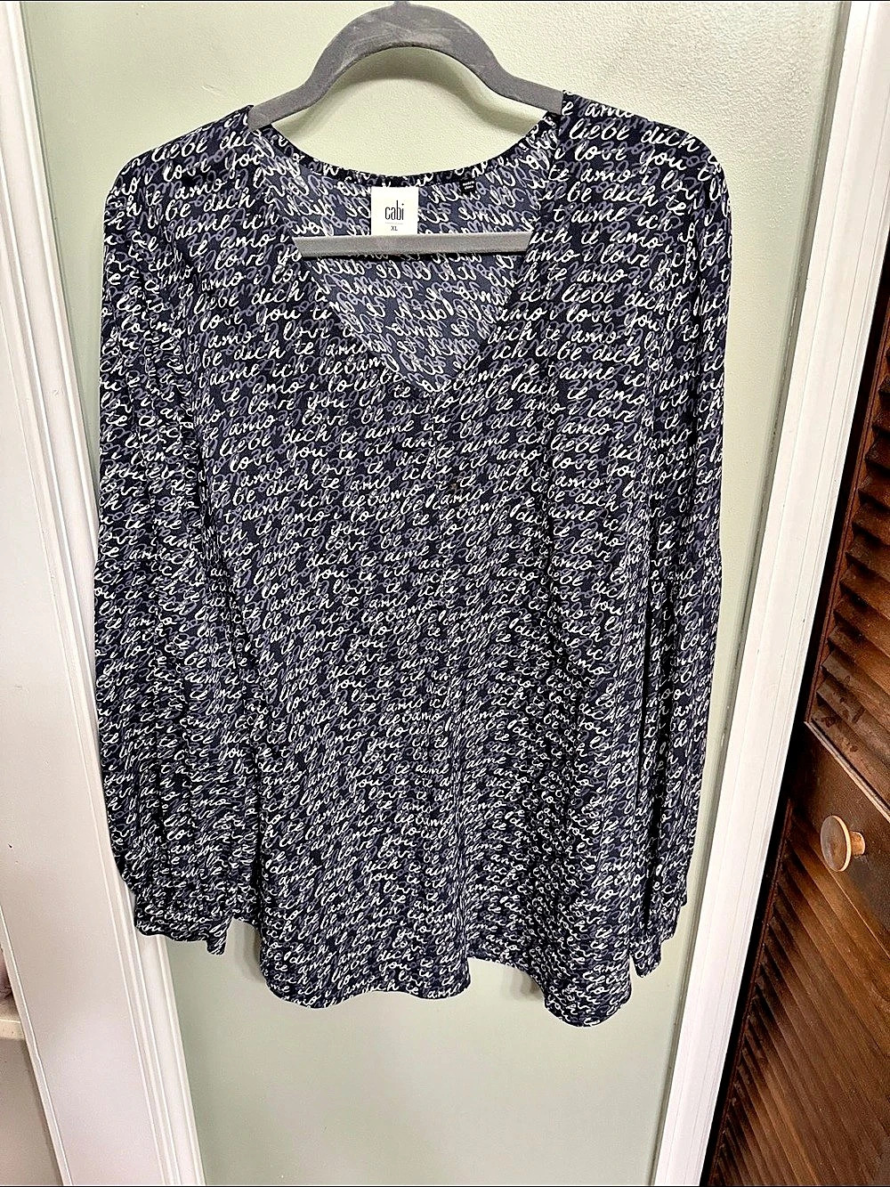 cabi Te Amo Blouse Long Sleeve Tunic Blue & White XL